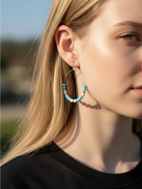 Turquoise Bead Hoop Earrings - Boho style